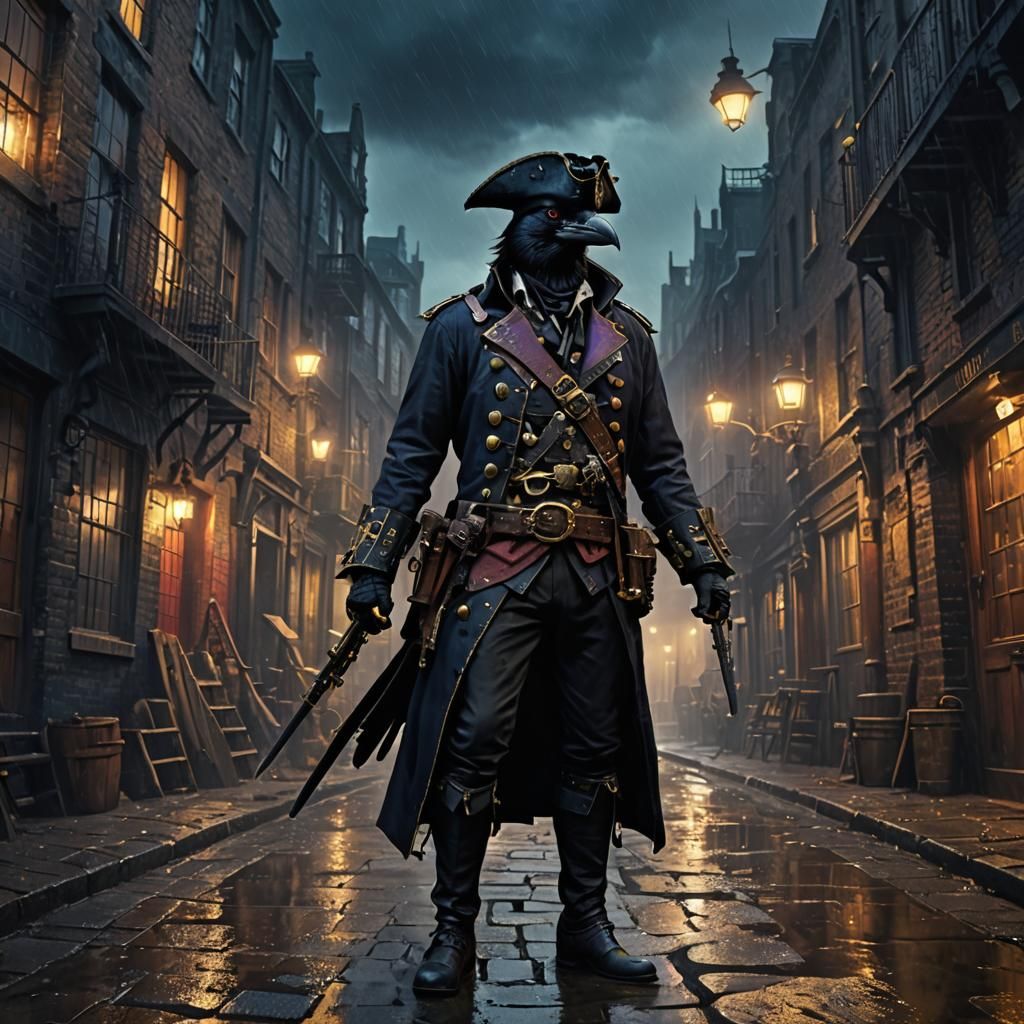Steampunk Raven Pirate in Rainy London Harbor