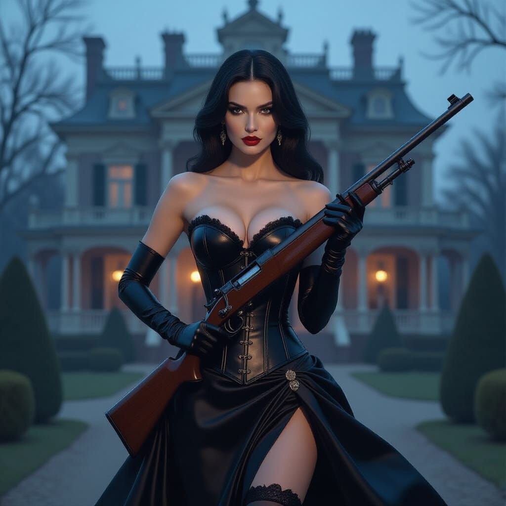 Gothic Lady with Rifle in Victorian Mansion