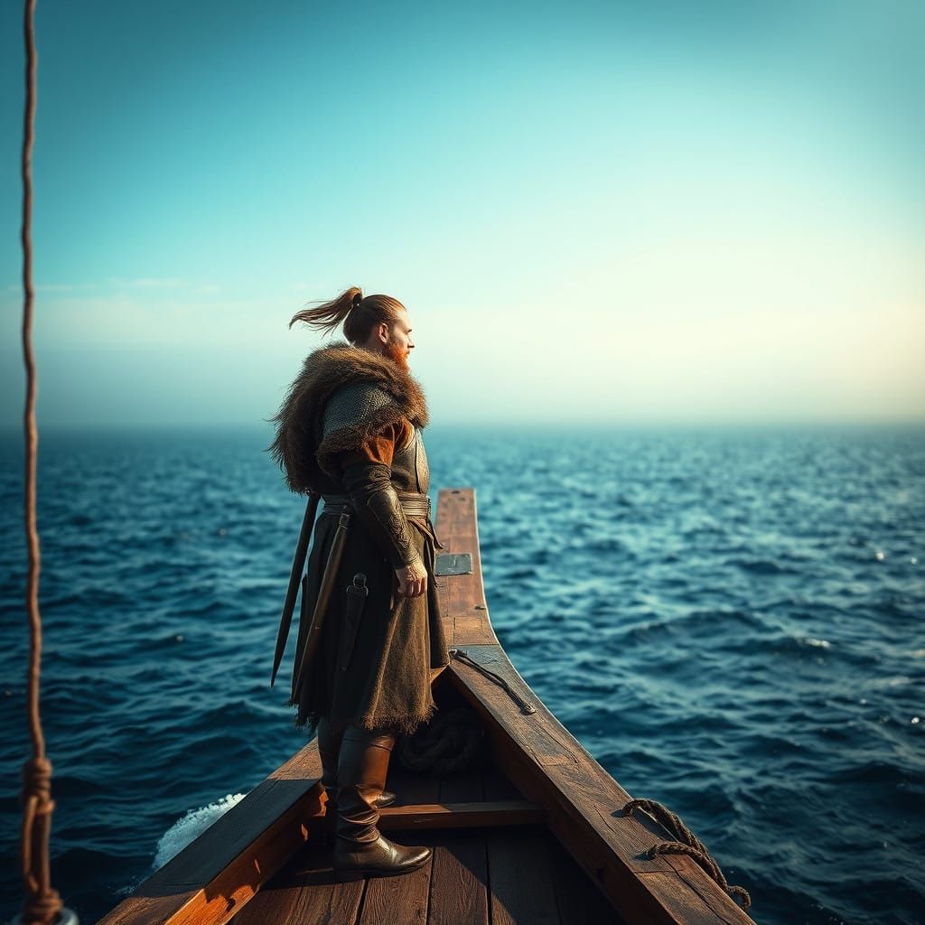 Viking Warrior Stands at the Bow of Longship, Gazing Out at....