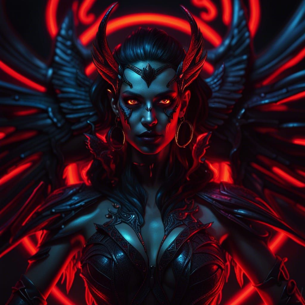 Female Demon with Black Wings in Gothic Horror Style