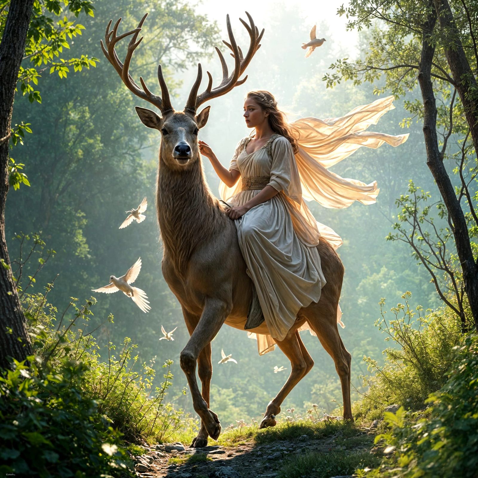 Artemis Rides a Mystical Deer on Mount Olympus