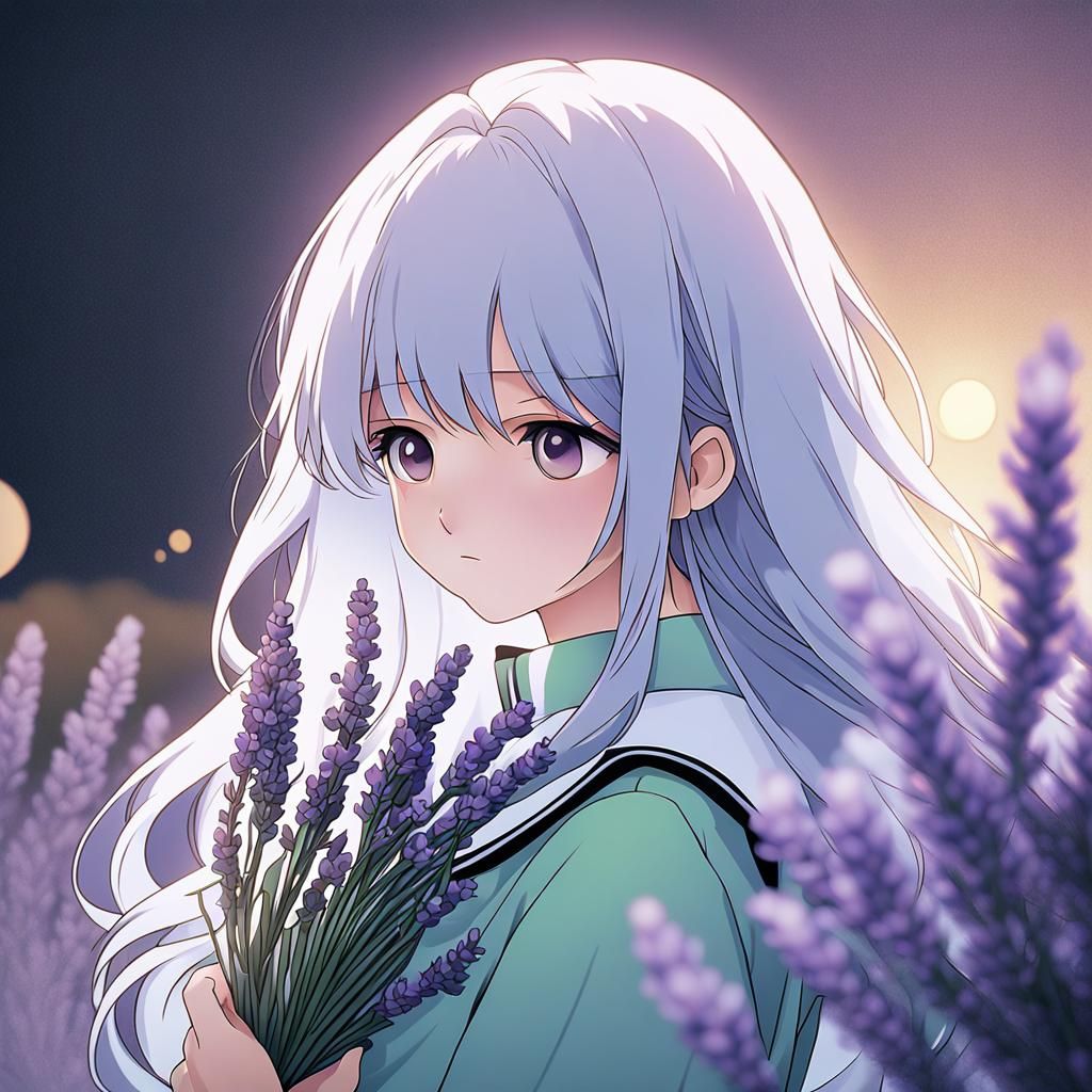 Anime Girl with Lavender in Pastel Colors