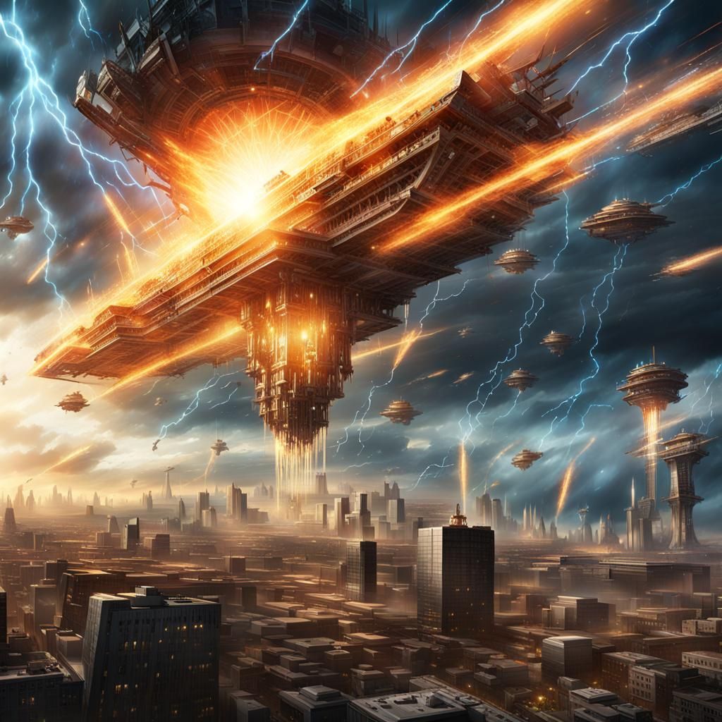 Plasma Energy Weapons Strike Smart City in Dark Fantasy
