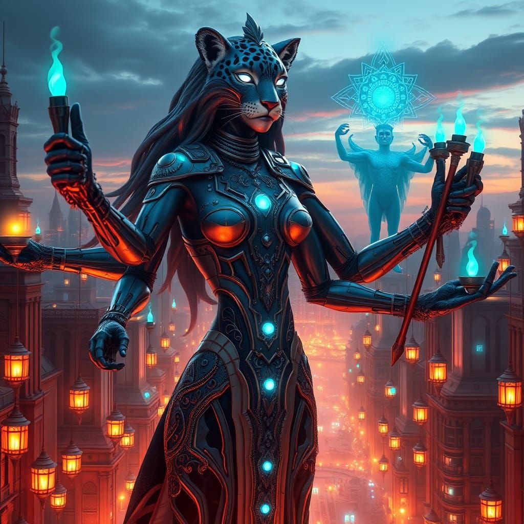 Regal Blue Leopard Goddess in Sci-Fi Cityscape