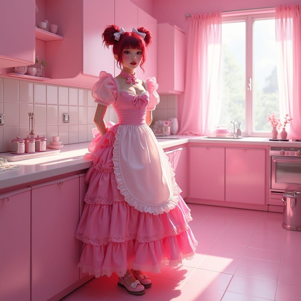 Whimsical Biopunk Maid in a Pink Dreamscape