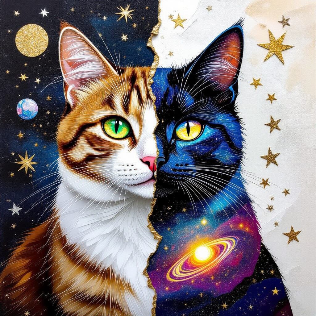 Cosmic Cat Collage: Surreal Mixed Media Portrait