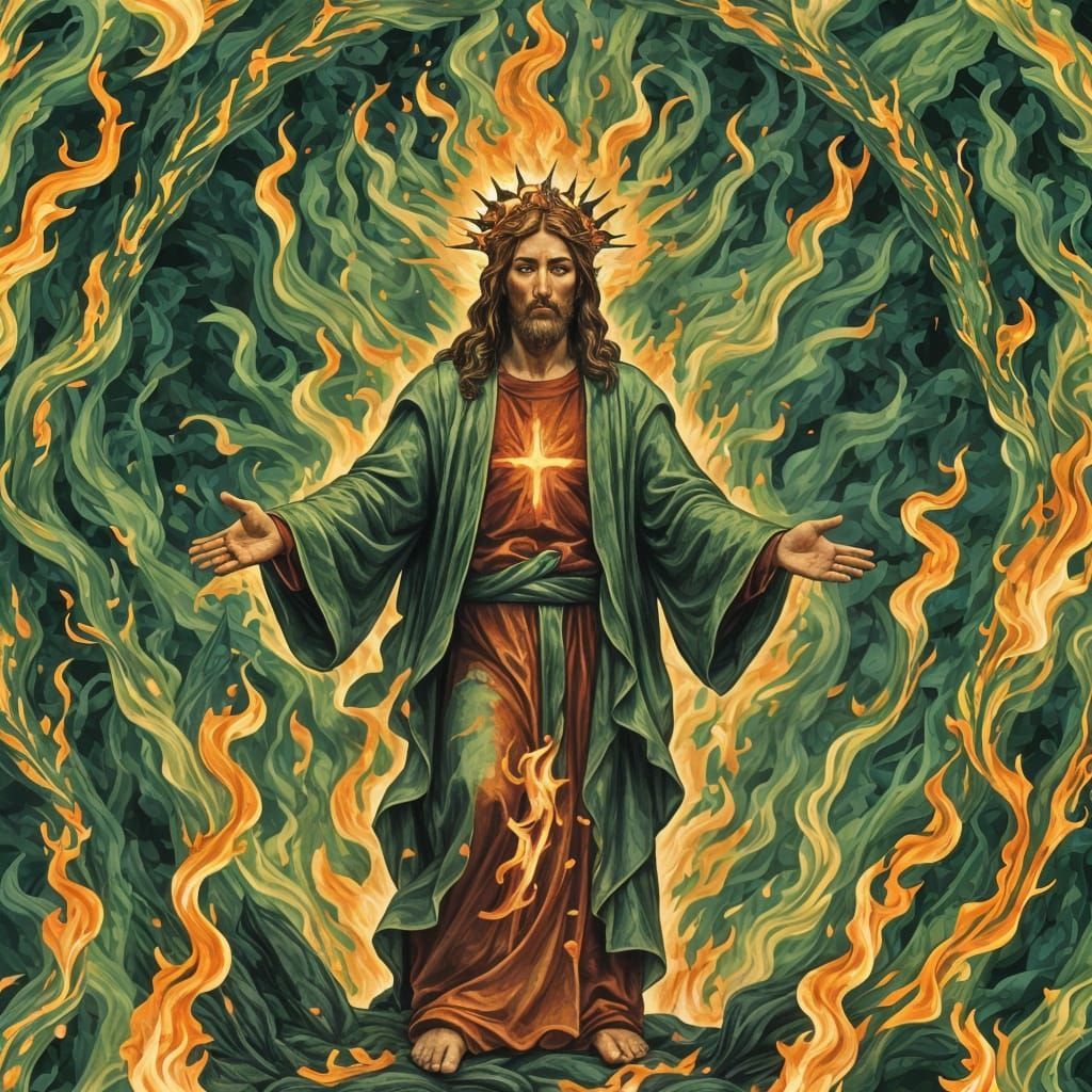 Flaming Christ Figure in Green Healing Fire