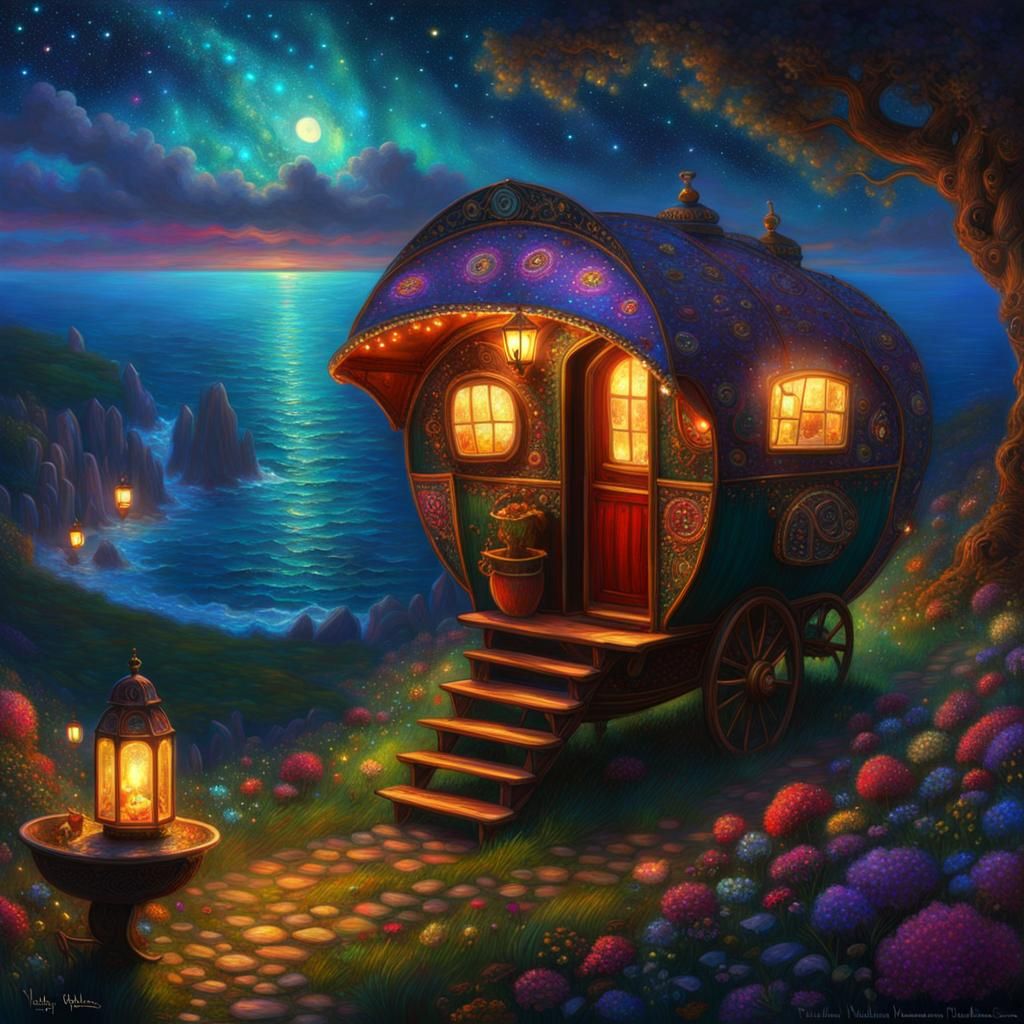 Cozy Caravan on Cliff in Dark Fantasy Style