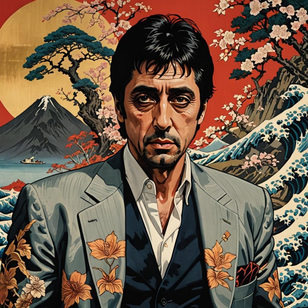 Tony Montana as Ukiyo-e Style Portrait by Hokusai