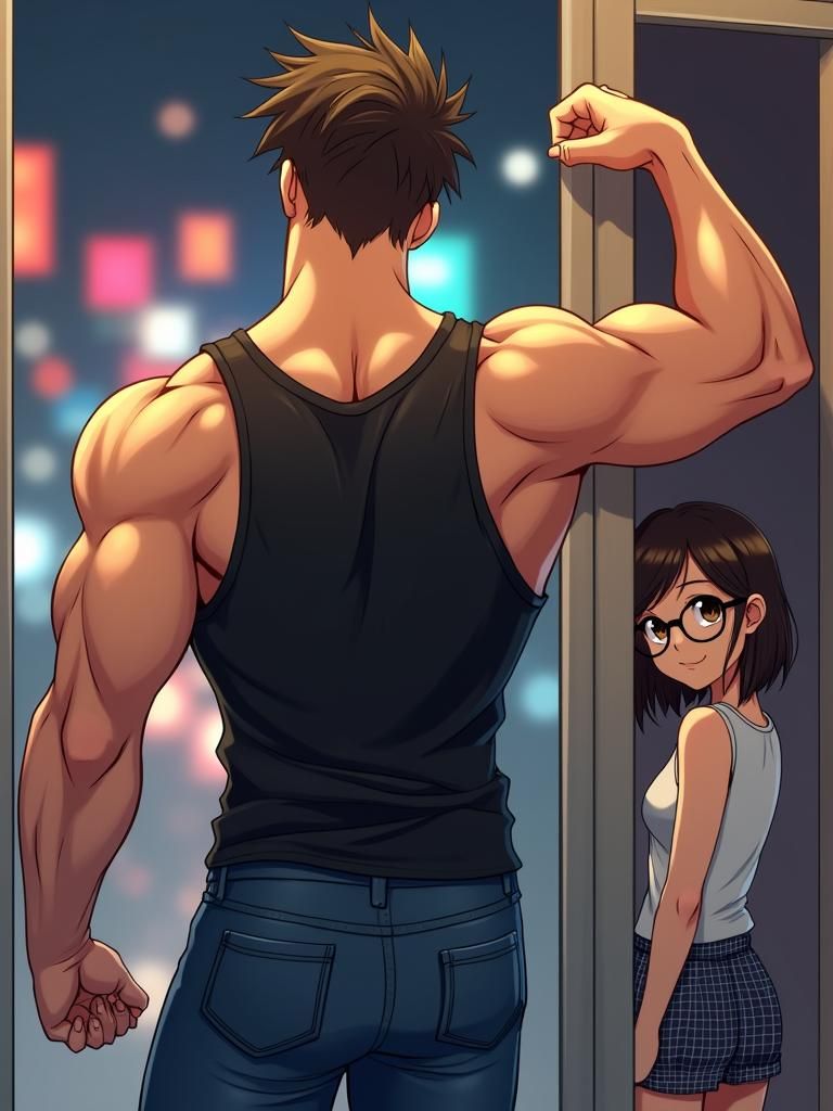 Muscular Man Flexing in Mirror, Anime Style