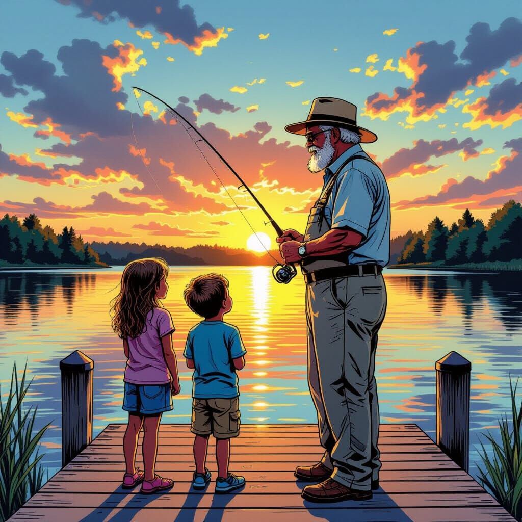 Sunset Fishing with Grandpa in Comic Book Style