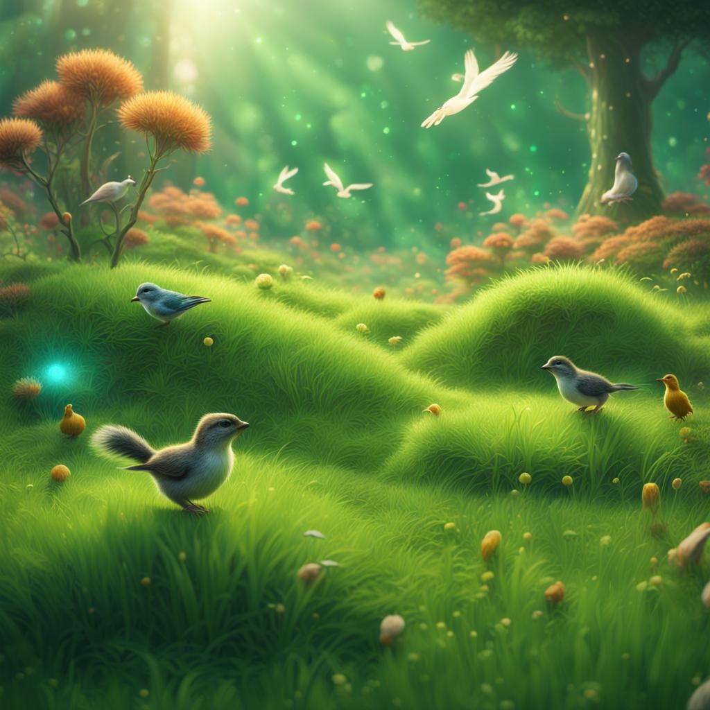 Dreamy Green Meadow with Animals, Detailed Digital Painting
