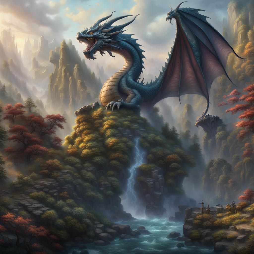 Dragon on Cliff in Ethereal Fantasy Landscape