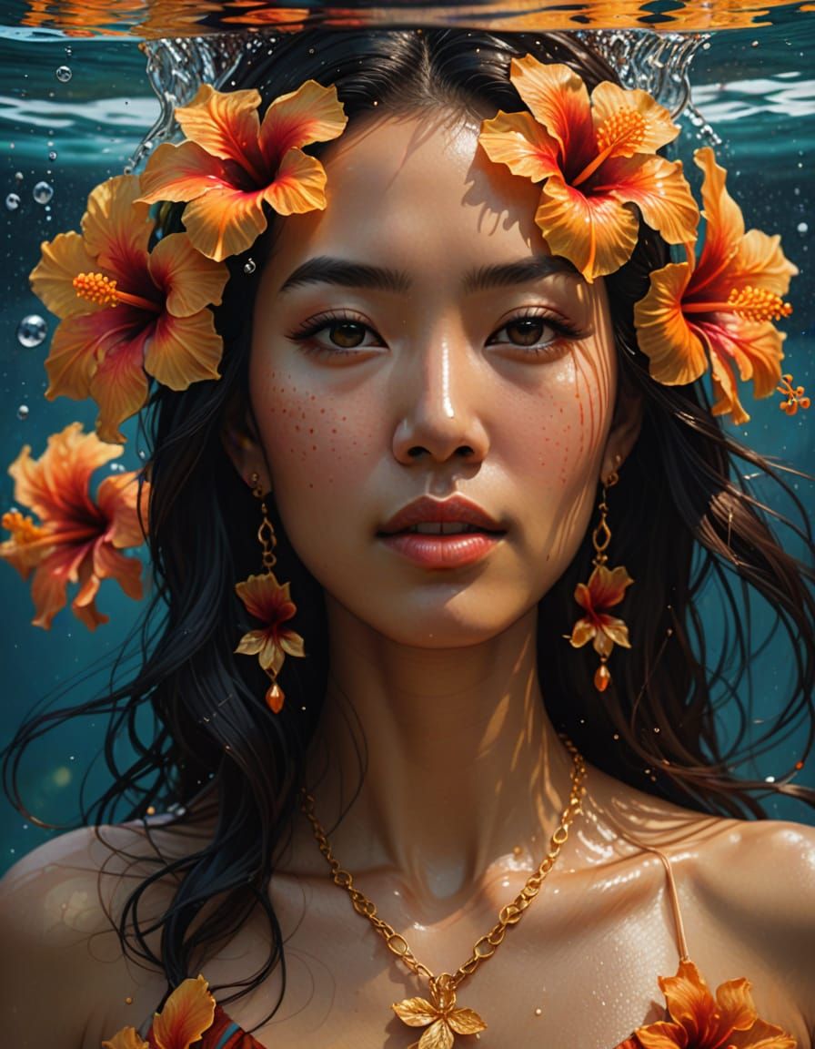 Underwater Portrait of Asian Woman with Hibiscus