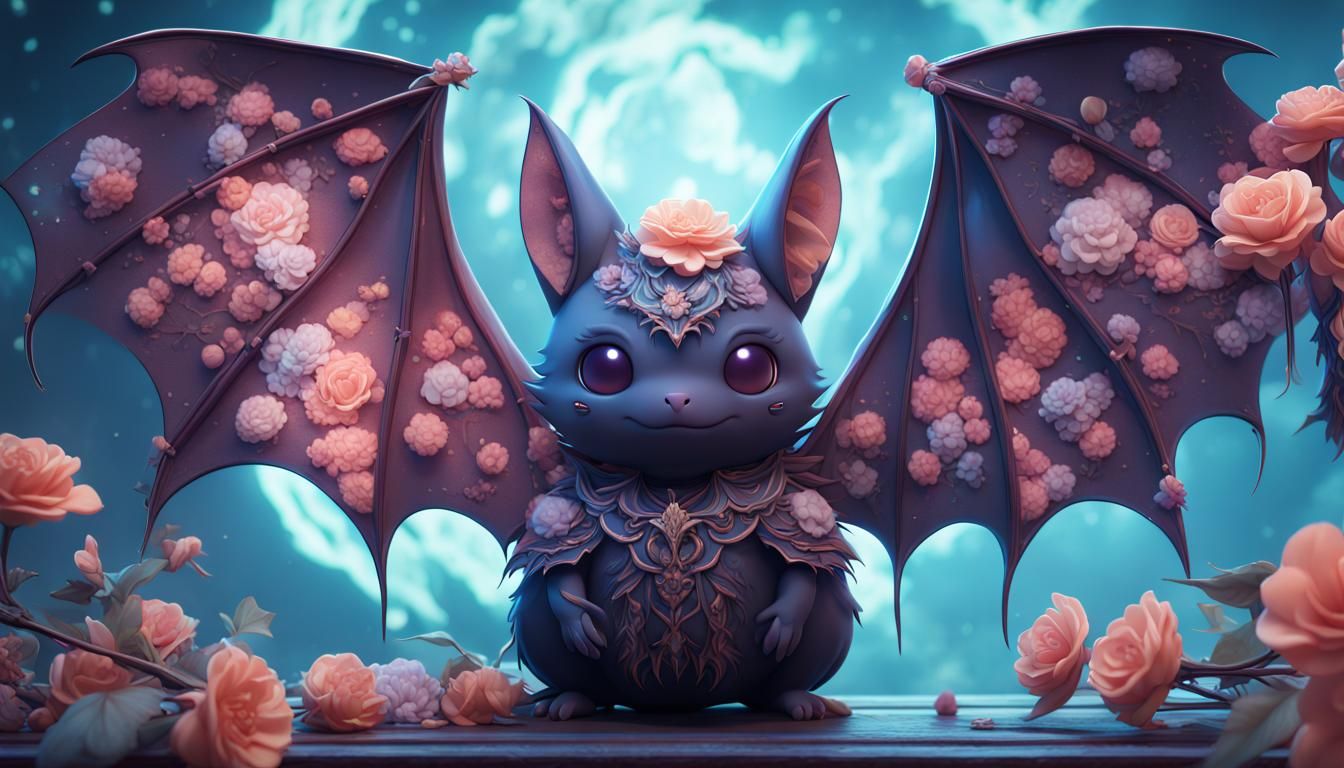 Floral Celestial Kawaii Bat in Detailed Digital Art