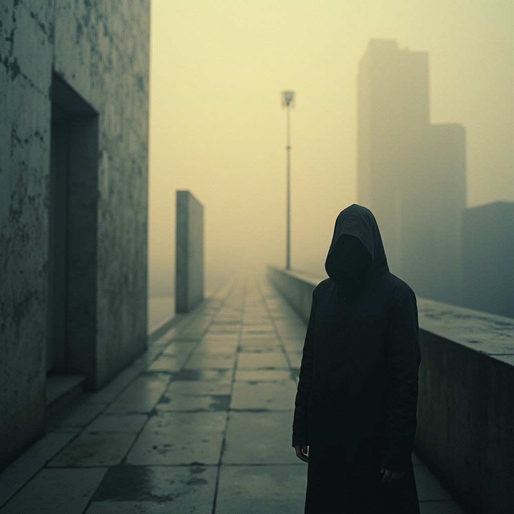 Futuristic Figure in Cityscape, Cinematic Still