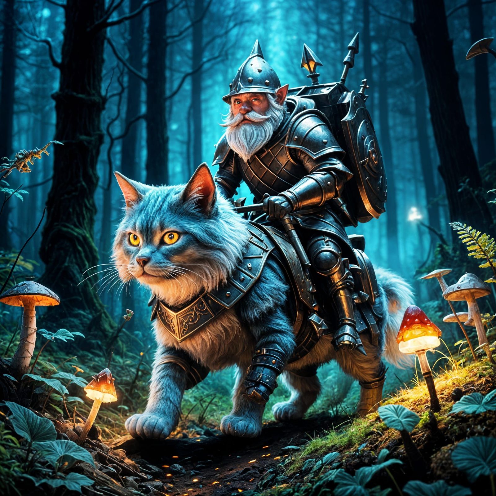 Gnome Knight Riding Armored Cat in Mystical Forest