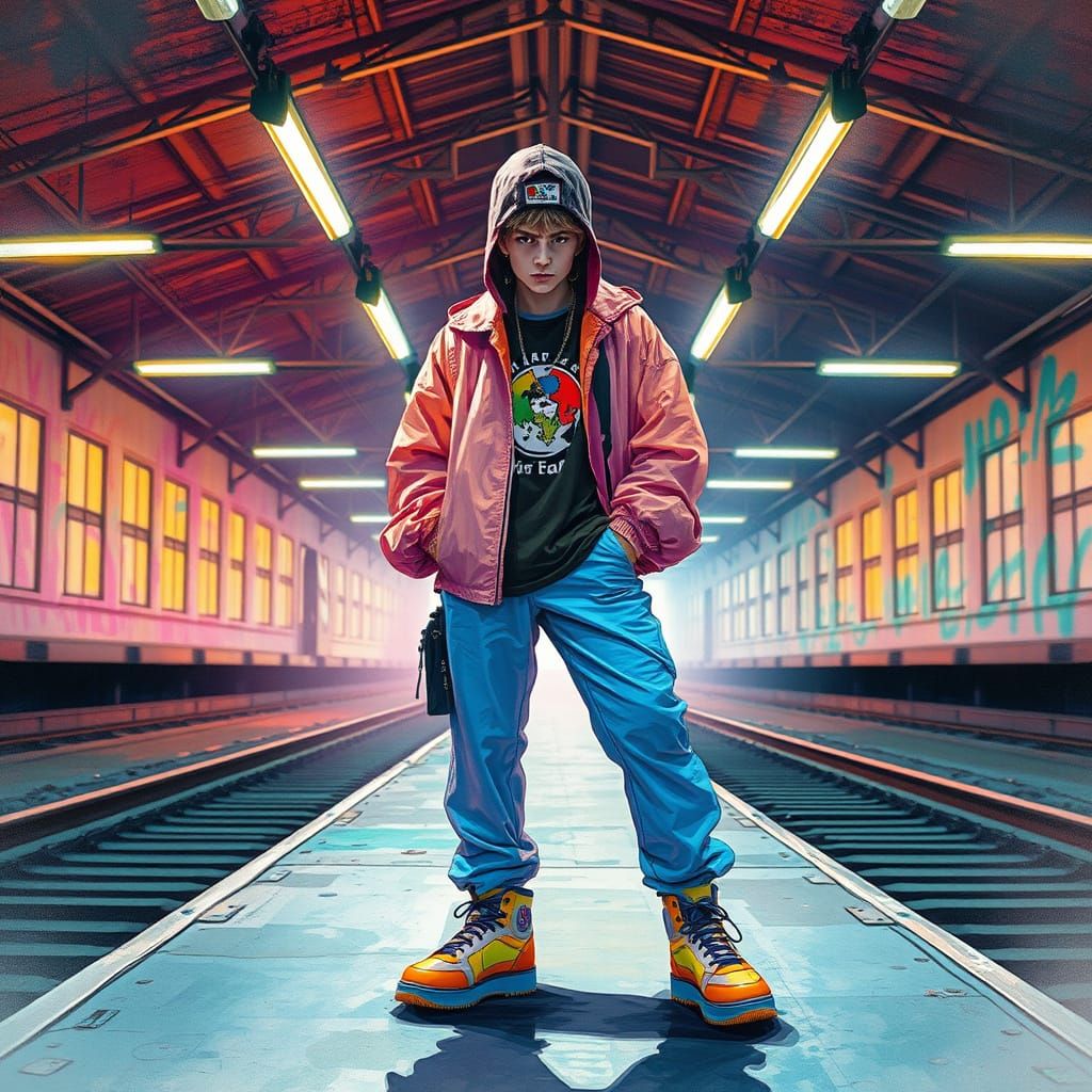 Kidcore Gangster in Liminal Train Station, Watercolor Style