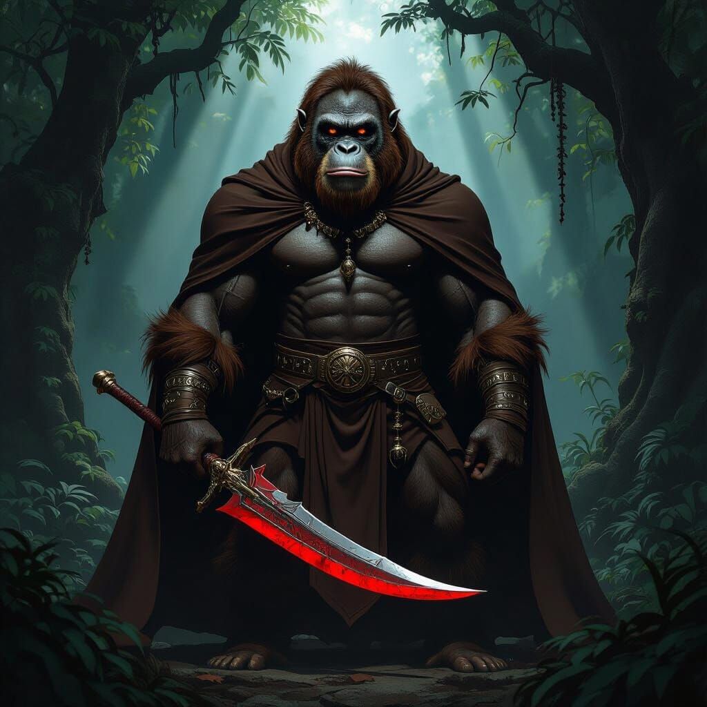 Muscular Orangutan Warrior in Dark Forest