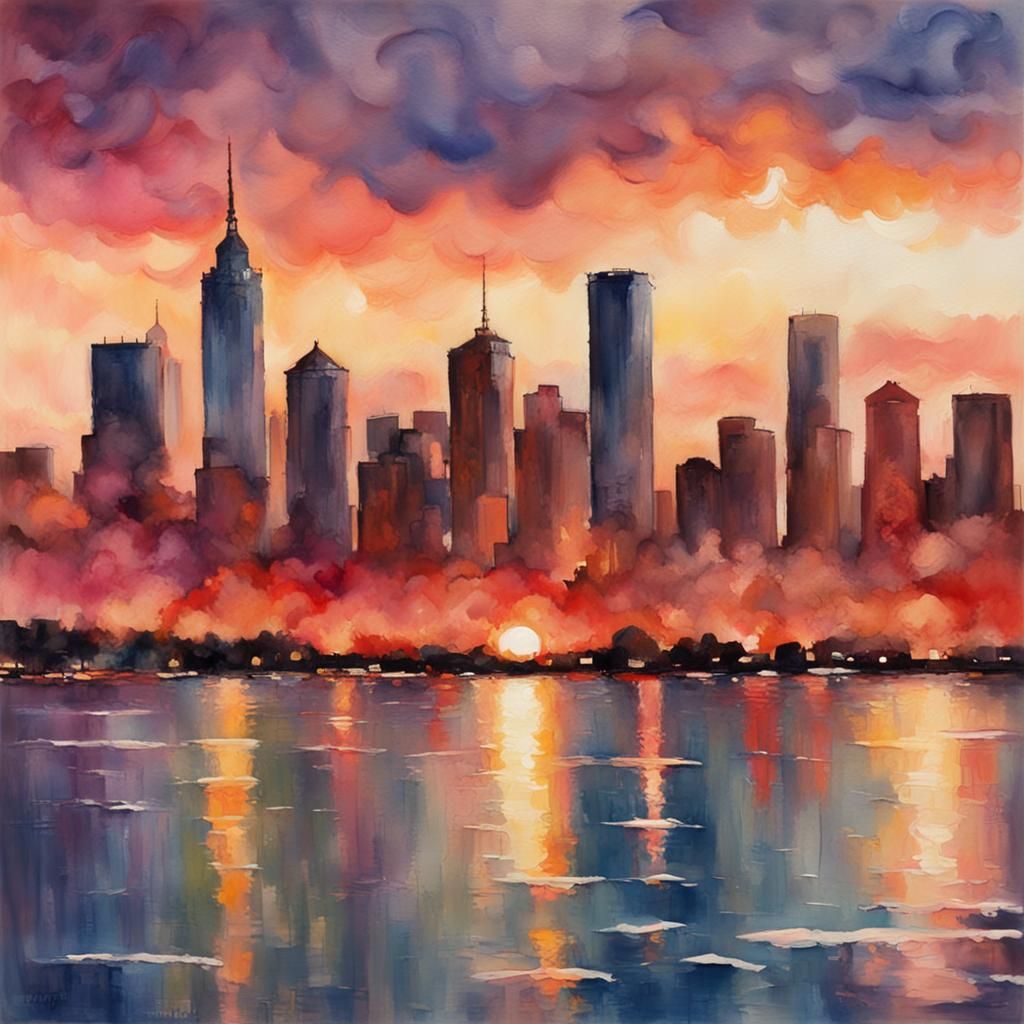 Sunset Cityscape in Gouache Impressionist Style