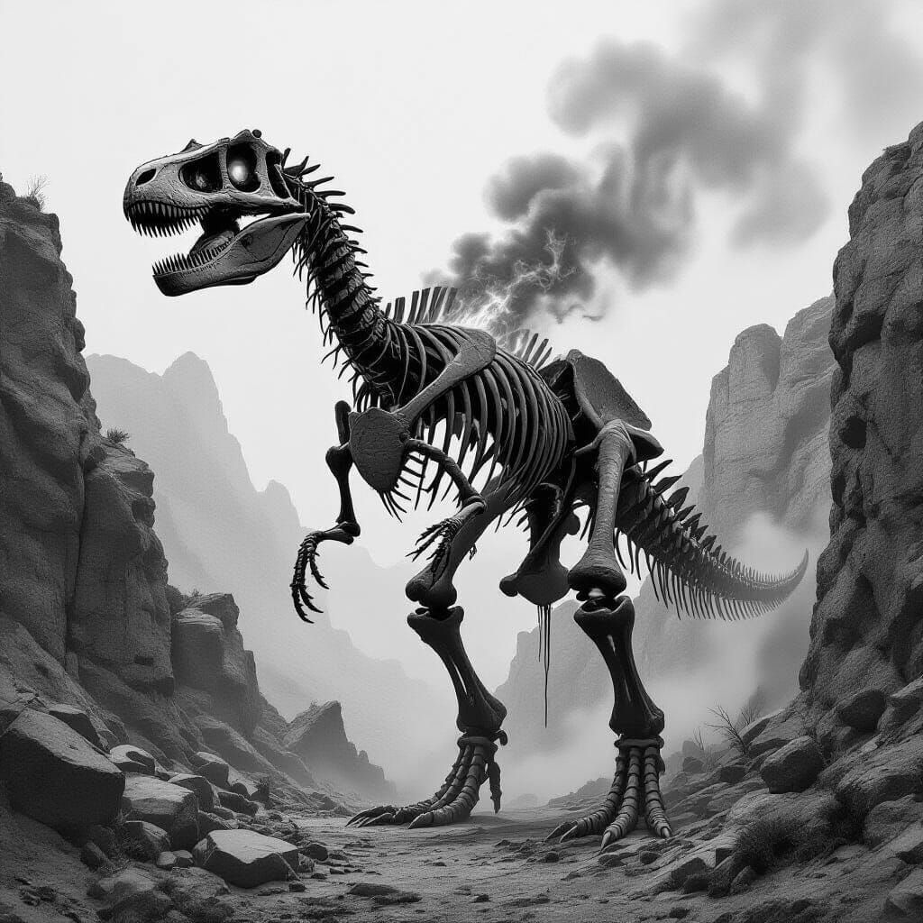 Flaming Dinosaur Skeleton in Gothic Charcoal Style
