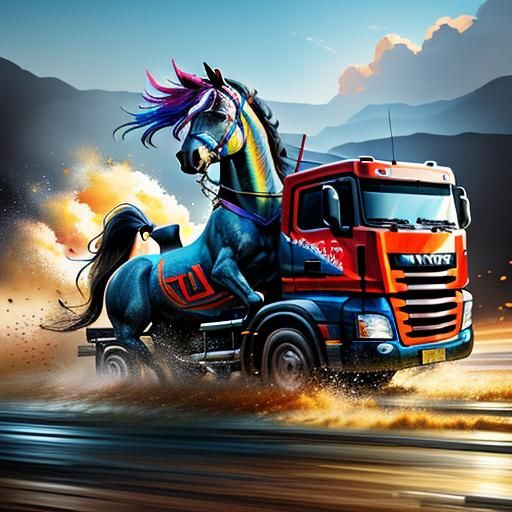 Hyperrealistic Horse Driving a Fast Truck