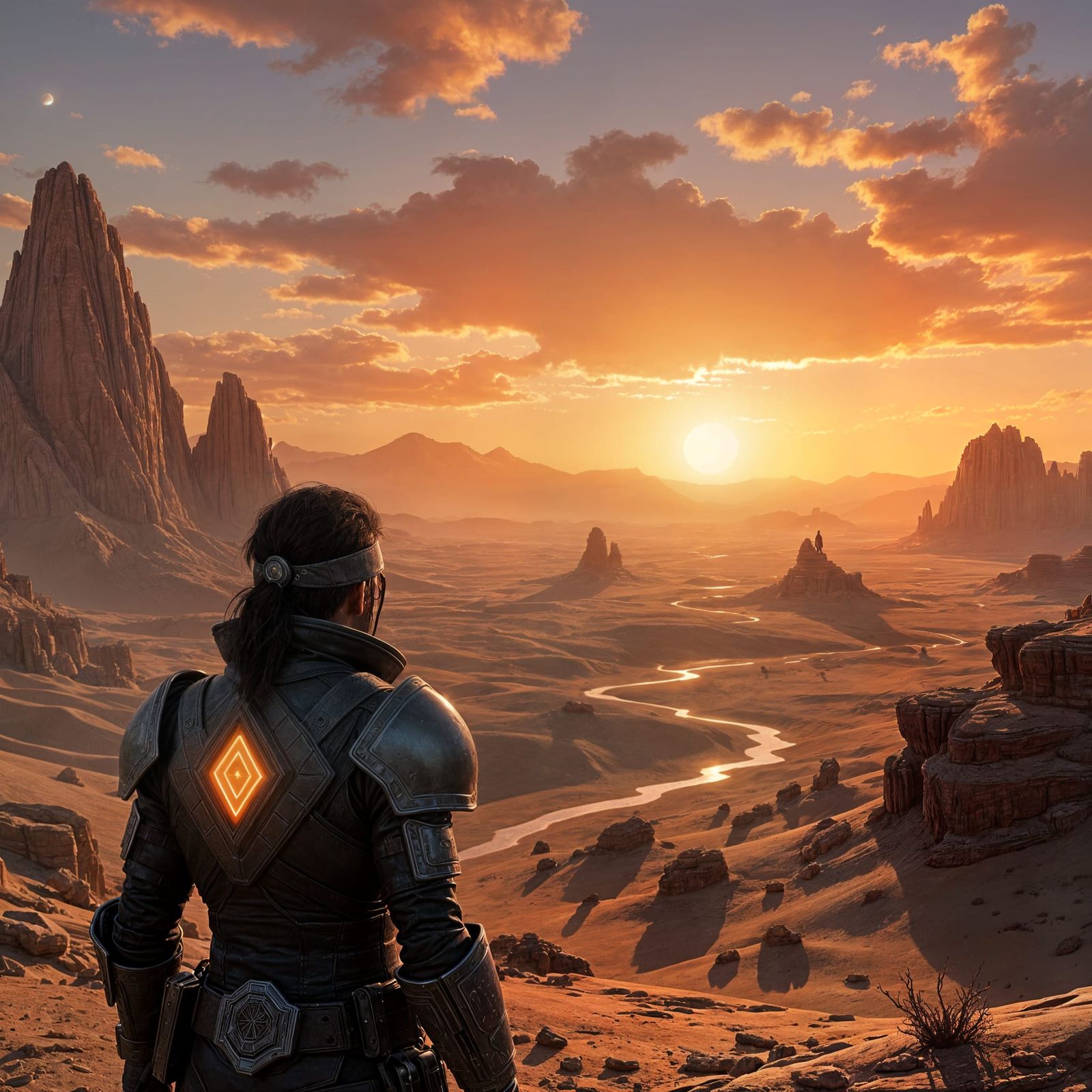 Adventurer on Alien Desert Precipice at Binary Sunset