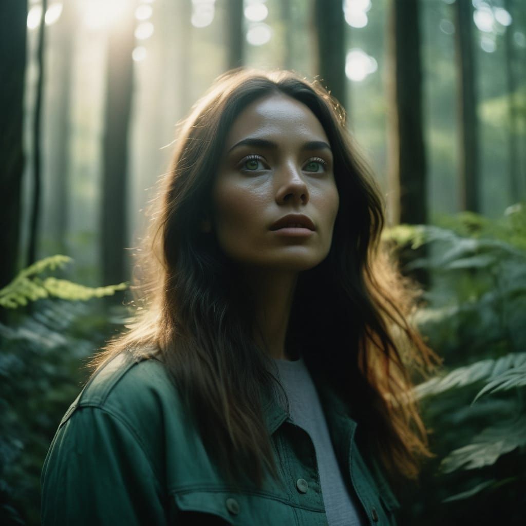Girl in Forest, Lost in Thought, Cinematic Film Still