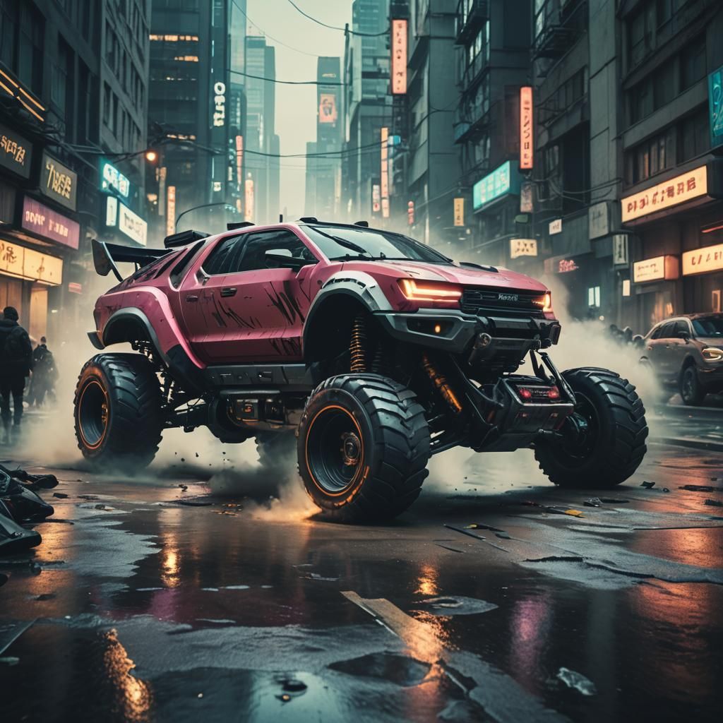 Cyberpunk Concept SUV Action Scene