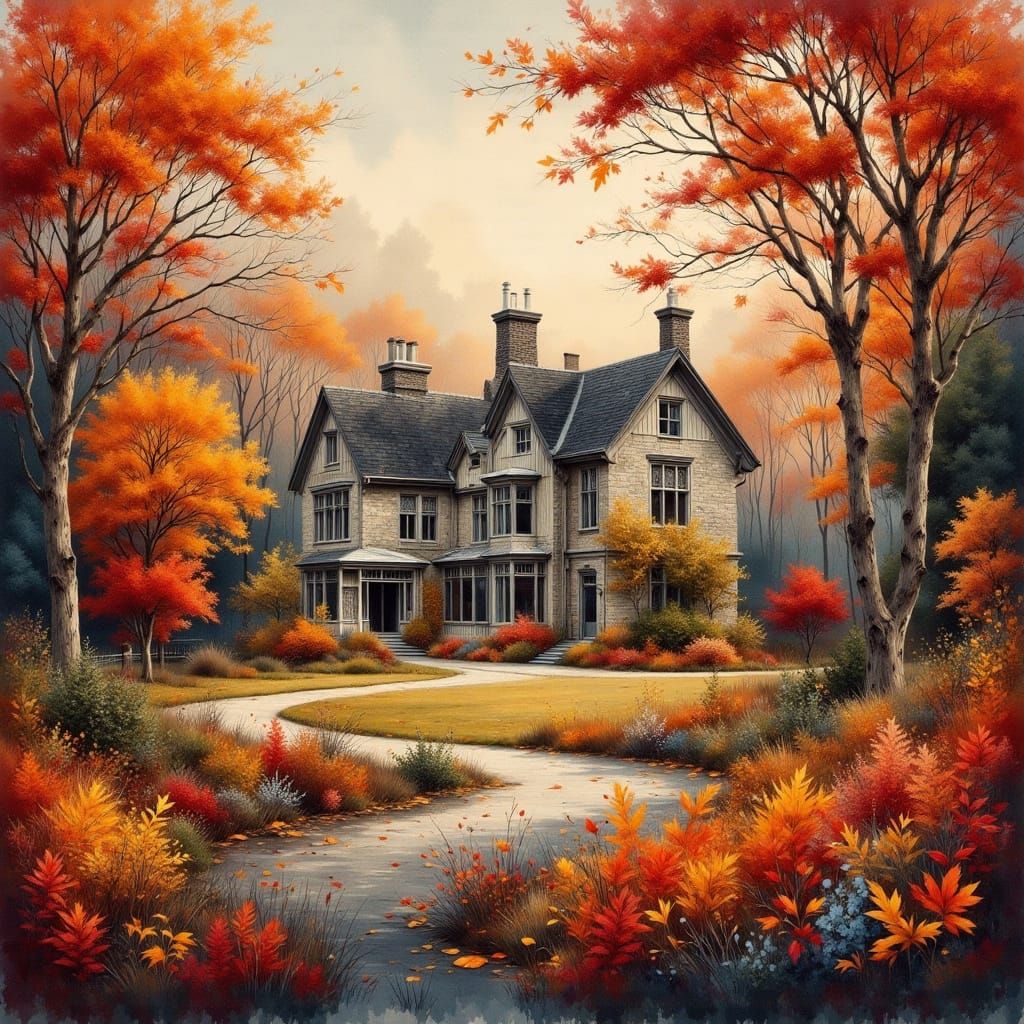 English Manor in Autumnal Impressionist Style