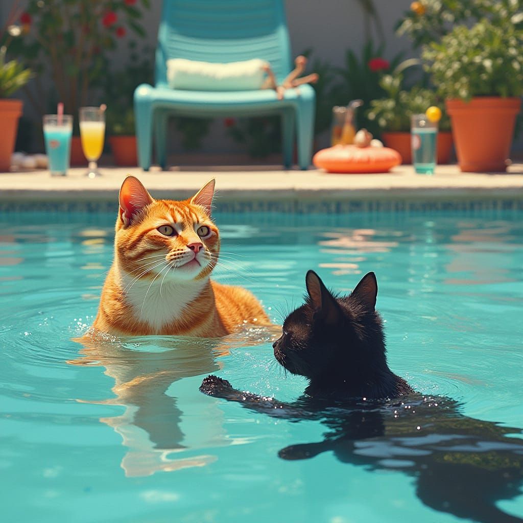 Colorful Cats in Pool Scene as Pop Art