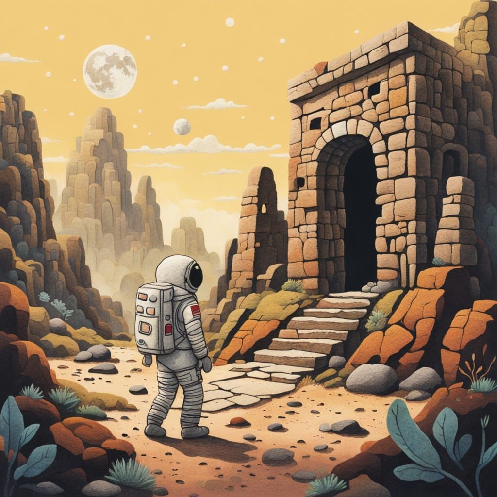 Astronaut Exploring Ancient Ruins in Folk-Art Style