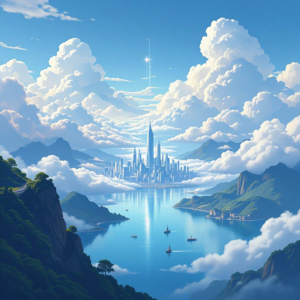 Futuristic City Mirage Above Tranquil Mountain Landscape