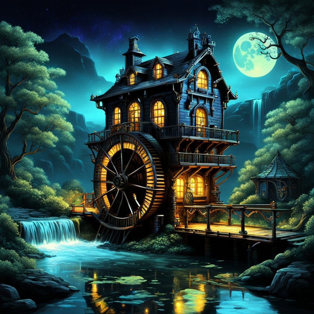 Steampunk Waterwheel Cottage Illuminated by Moonlight