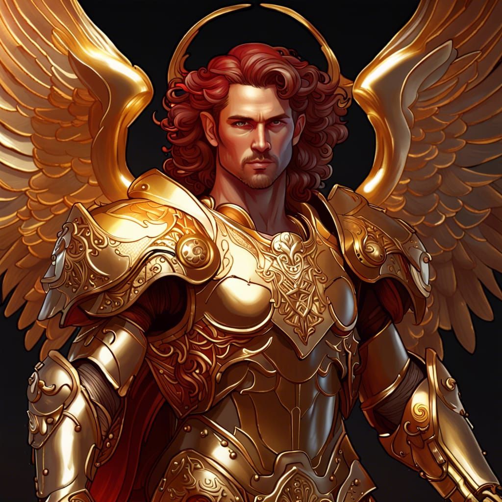 Aries Zodiac Angel in Golden Armor, Hyperrealistic Art