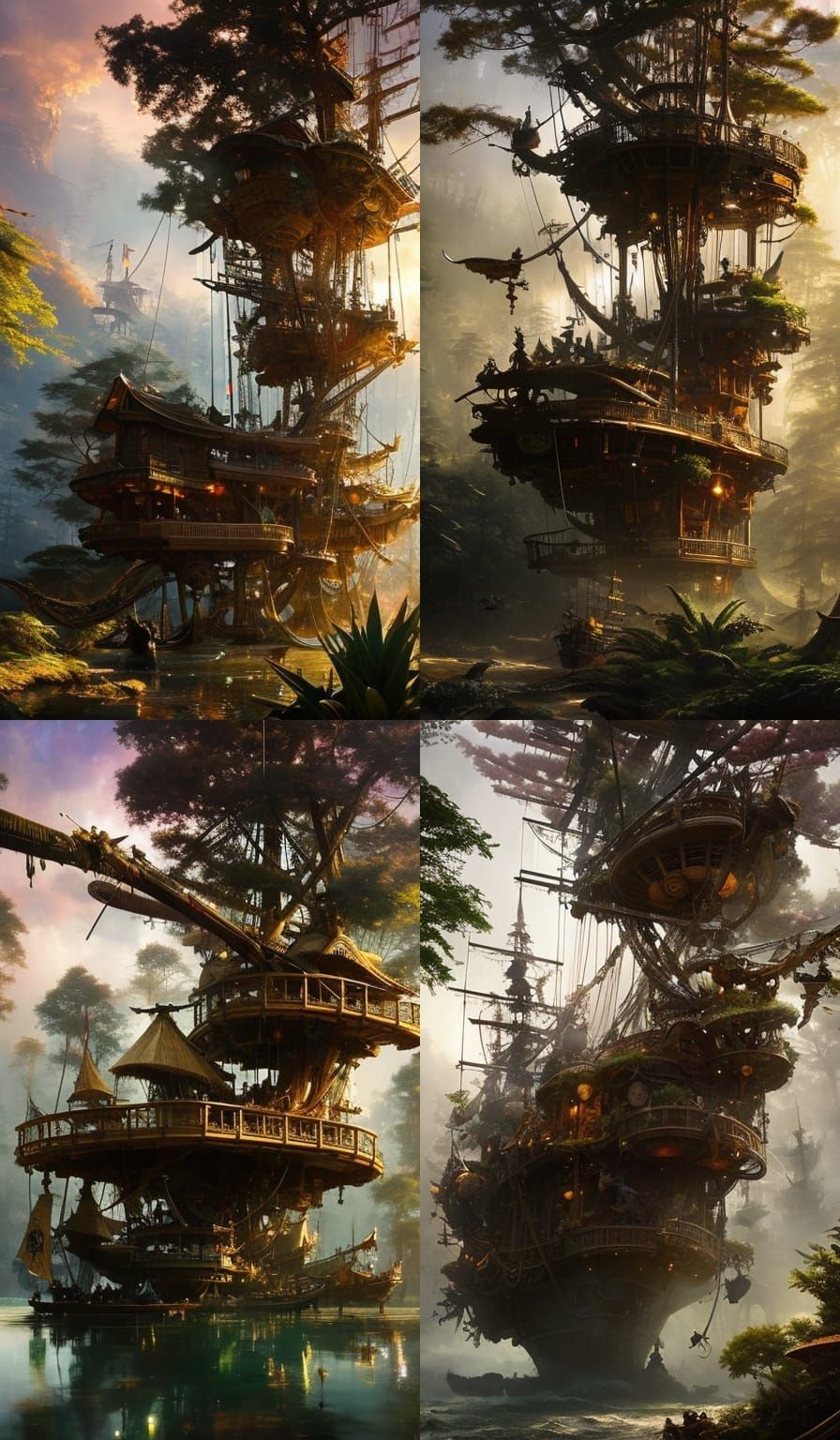 Pirate Ship Treehouse Concept Art in Golden Hour