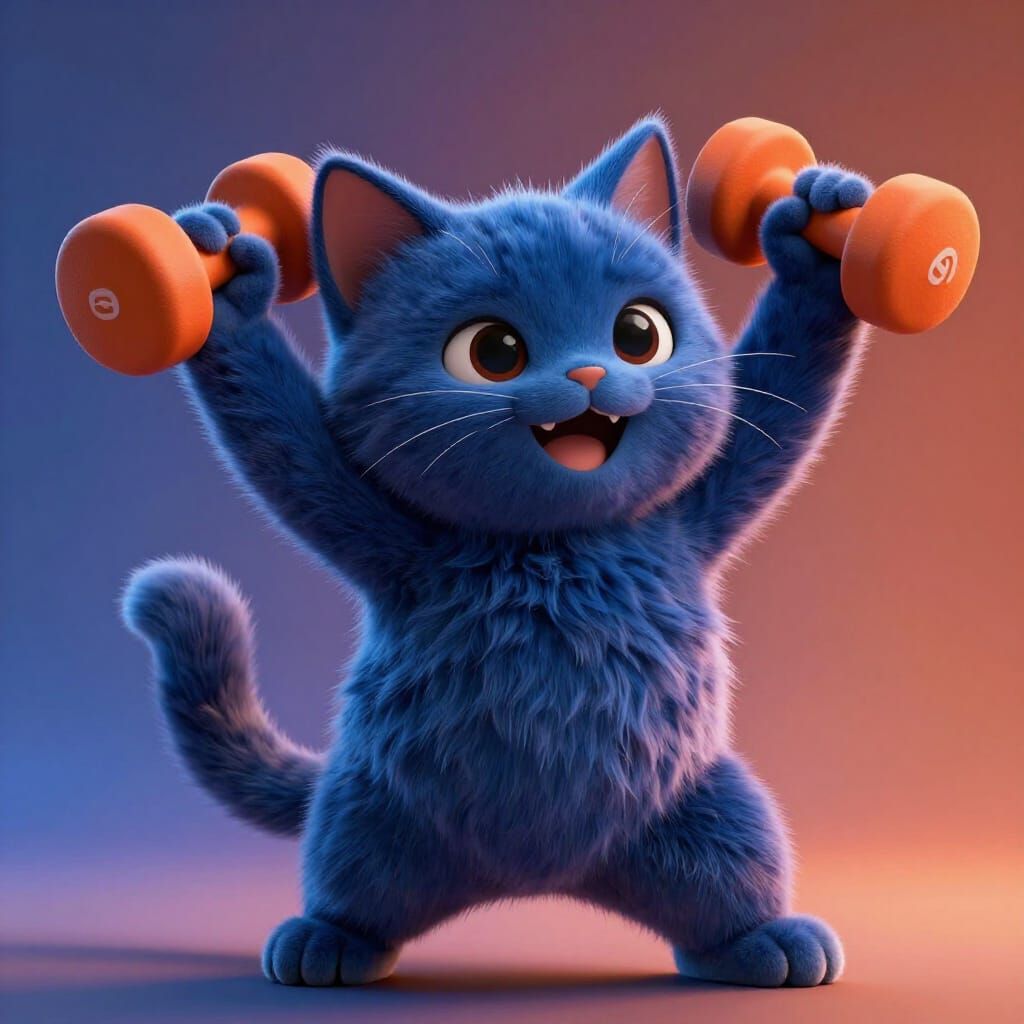 Chibi Cat Lifting Dumbbells in Dynamic Pose