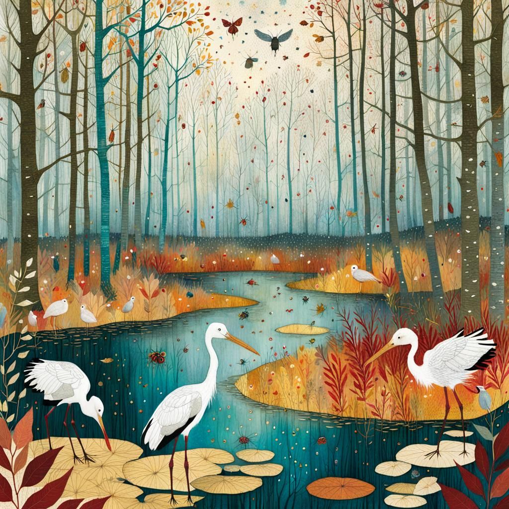 Autumn Storks in Forest: Klimt-Inspired Illustration