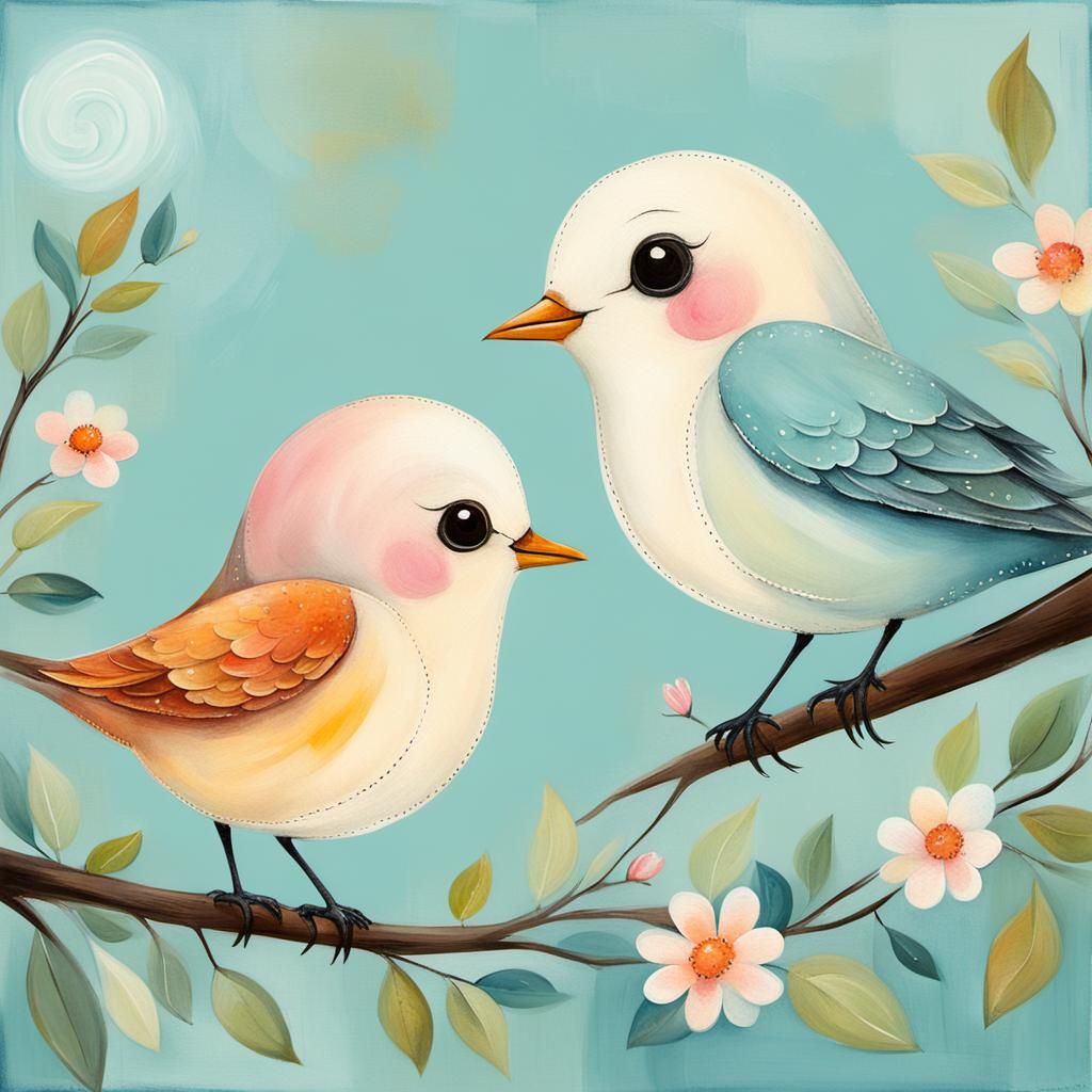 Whimsical Mother and Baby Bird Naive Painting