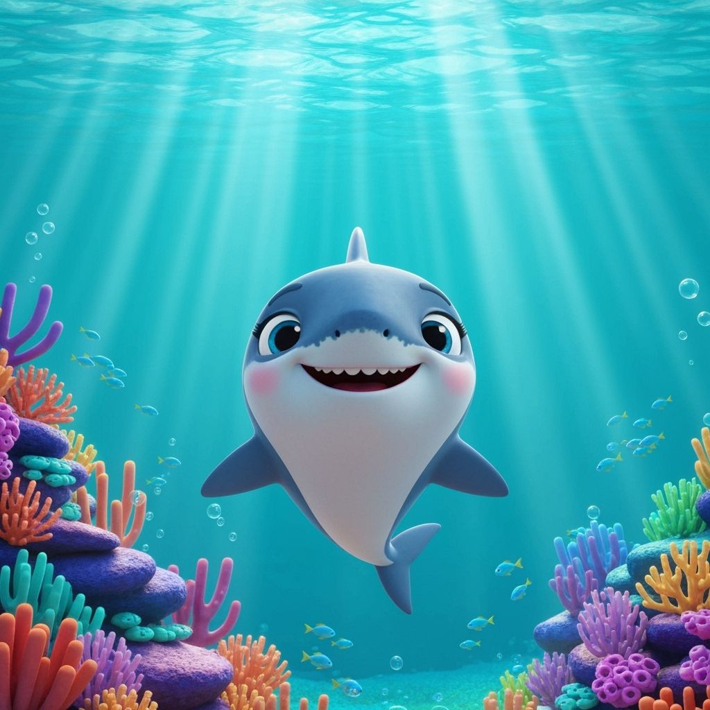 Cute Cartoon Baby Shark in Coral Reef 3D Style