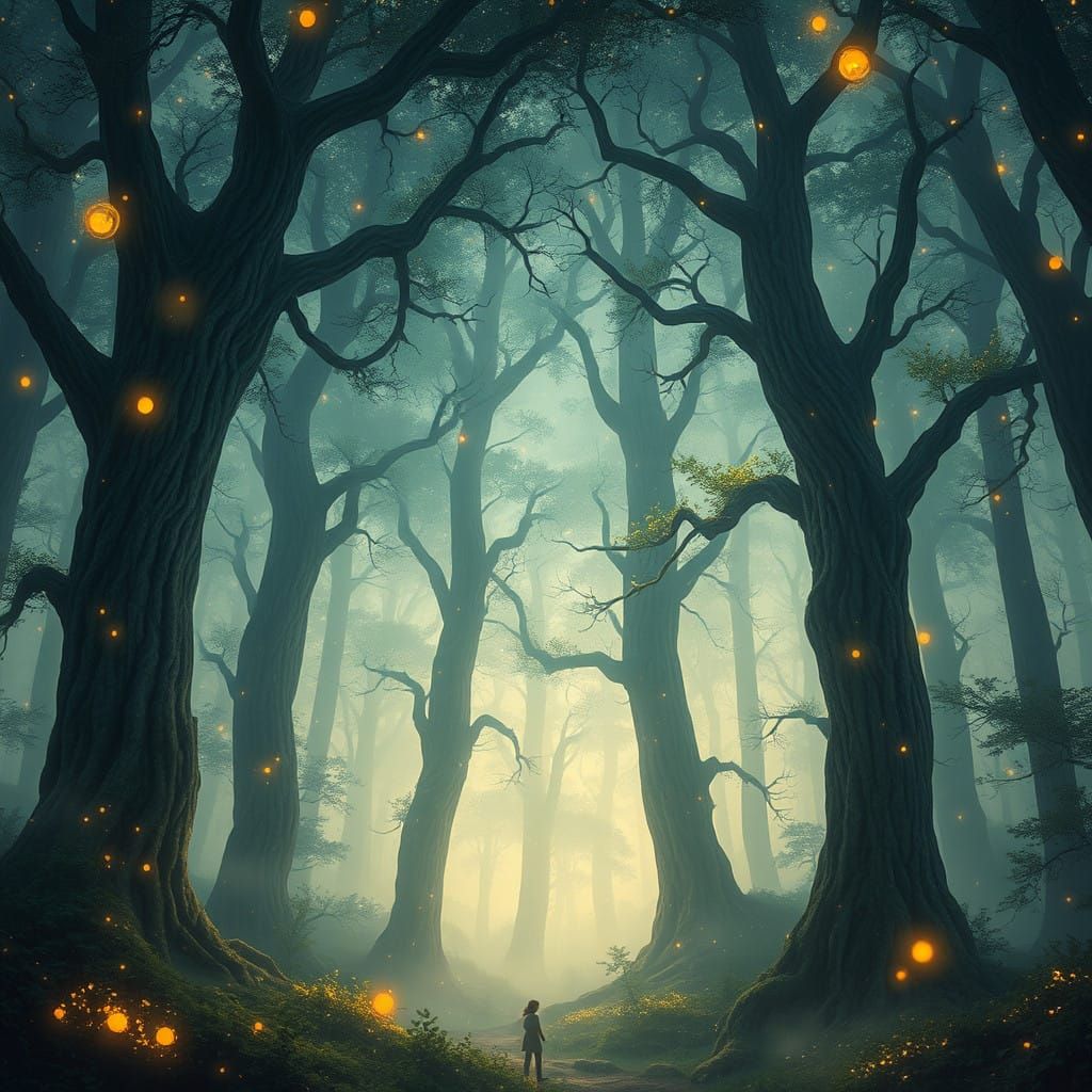 Towering Trees in Ethereal Misty Forest