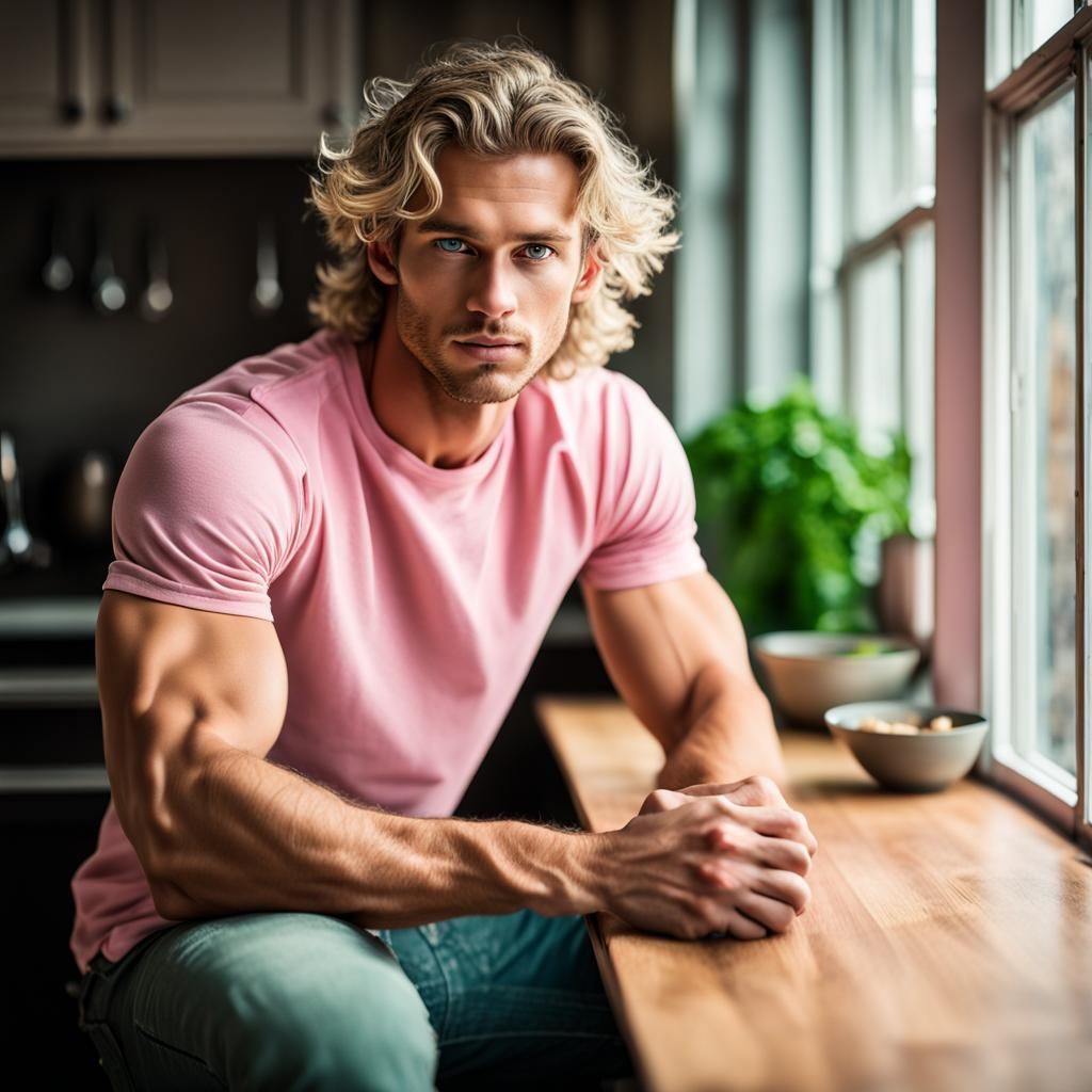 Young Man with Blond Hair in Pink T-Shirt