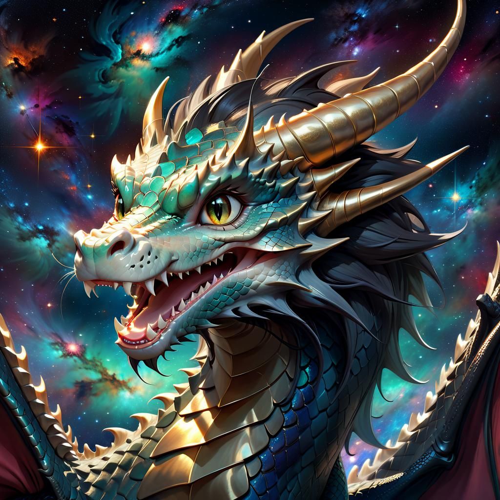 Adorable Mythical Dragon Roaring in Space: Anime Style