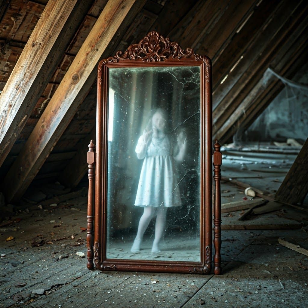 Ghostly Girl in Cracked Mirror in Abandoned Attic