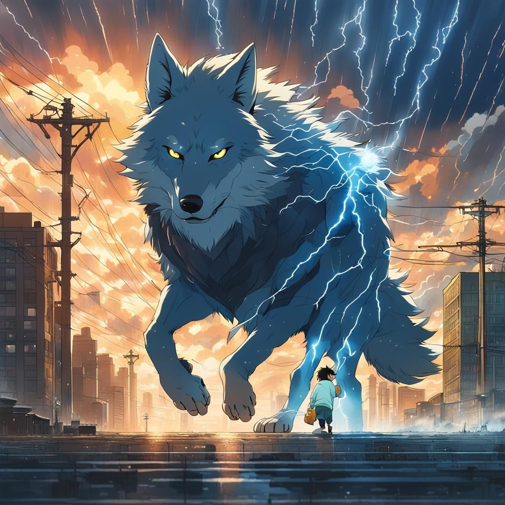 Electric Wolf Charges Through Anime Stormscape