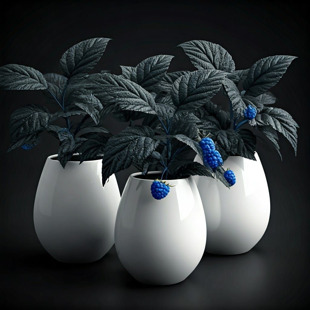 Futuristic Vases with Fluorescent Blue Raspberries