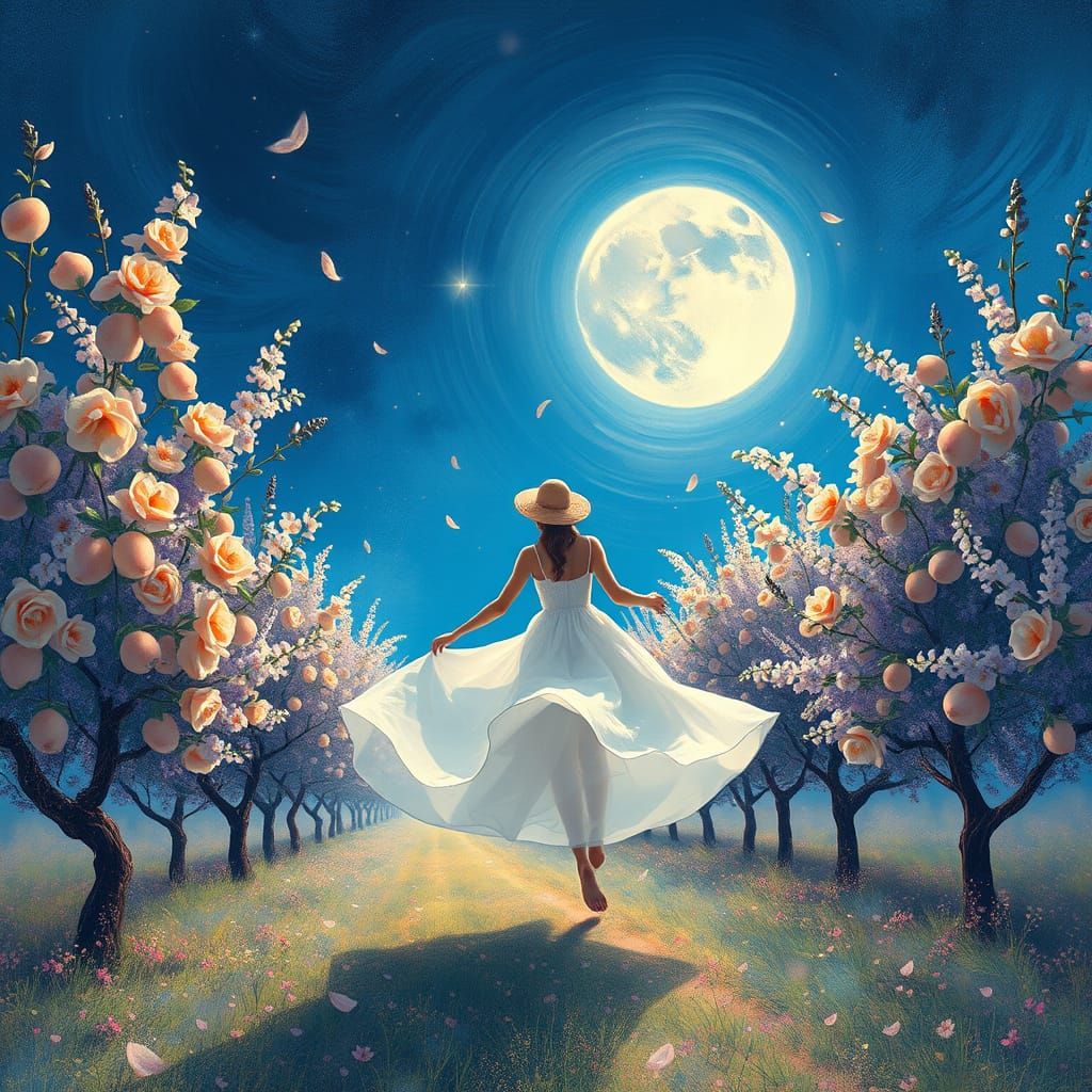 Ethereal Orchard Dance: Impressionistic Art Nouveau Scene