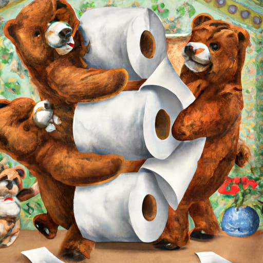 Bears Fighting Over Toilet Paper: Storybook Illustration