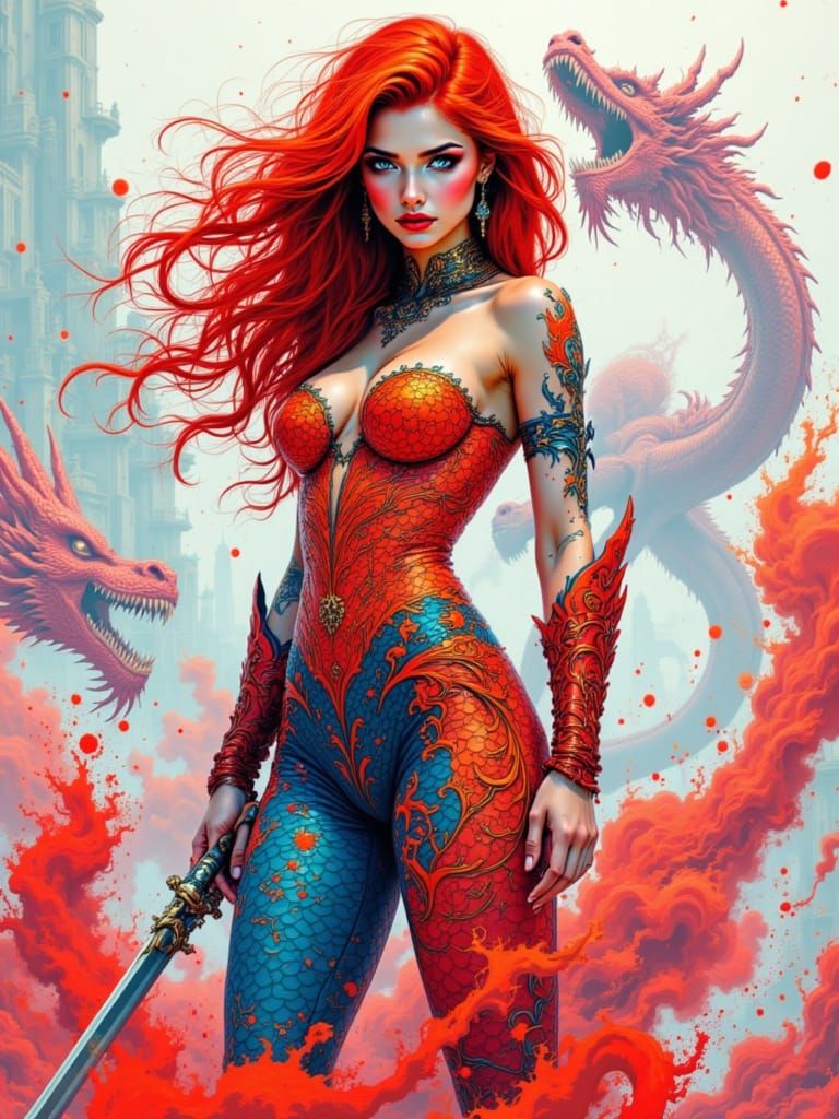 Surreal Warrior Goddess in Vibrant, Dreamlike Landscape