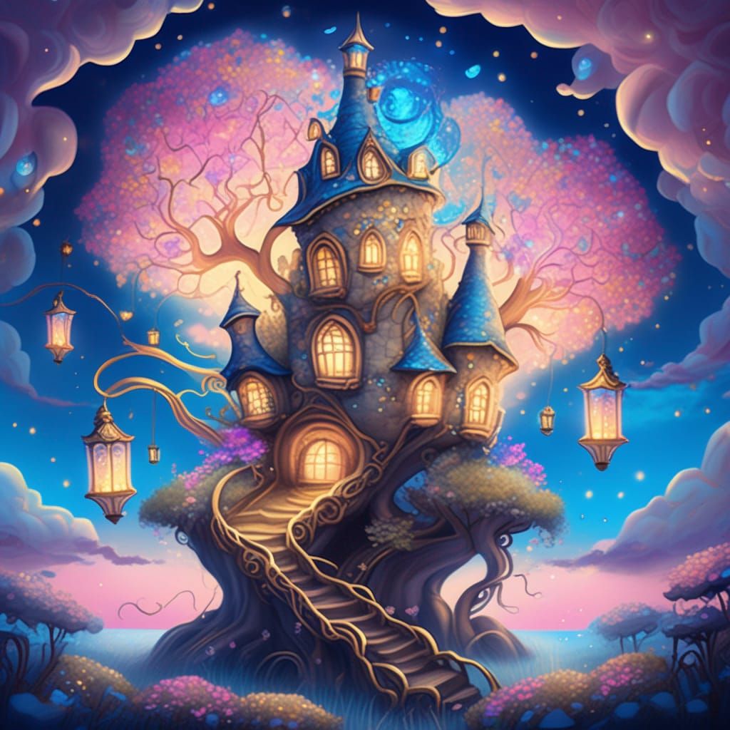 Enchanted Fairyland Treehouse Aglow with Fairy Lanterns